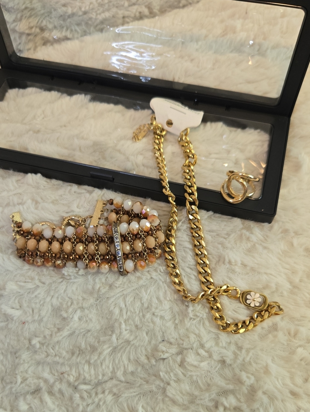 Gold-Tone Chain Necklace with Cream & Tan Beaded Bracelet Set
